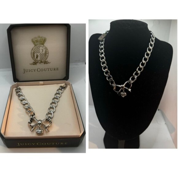Juicy Couture NEW Vintage Y2K Bow Heart Chunky Chain Necklace Logo Silver Crown - Picture 1 of 15